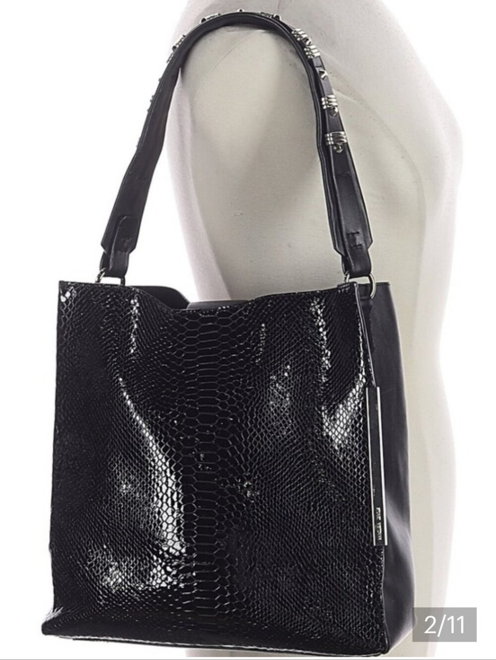 Stuart Weitzman Black Embossed Shiny Leather Oversized Totebag